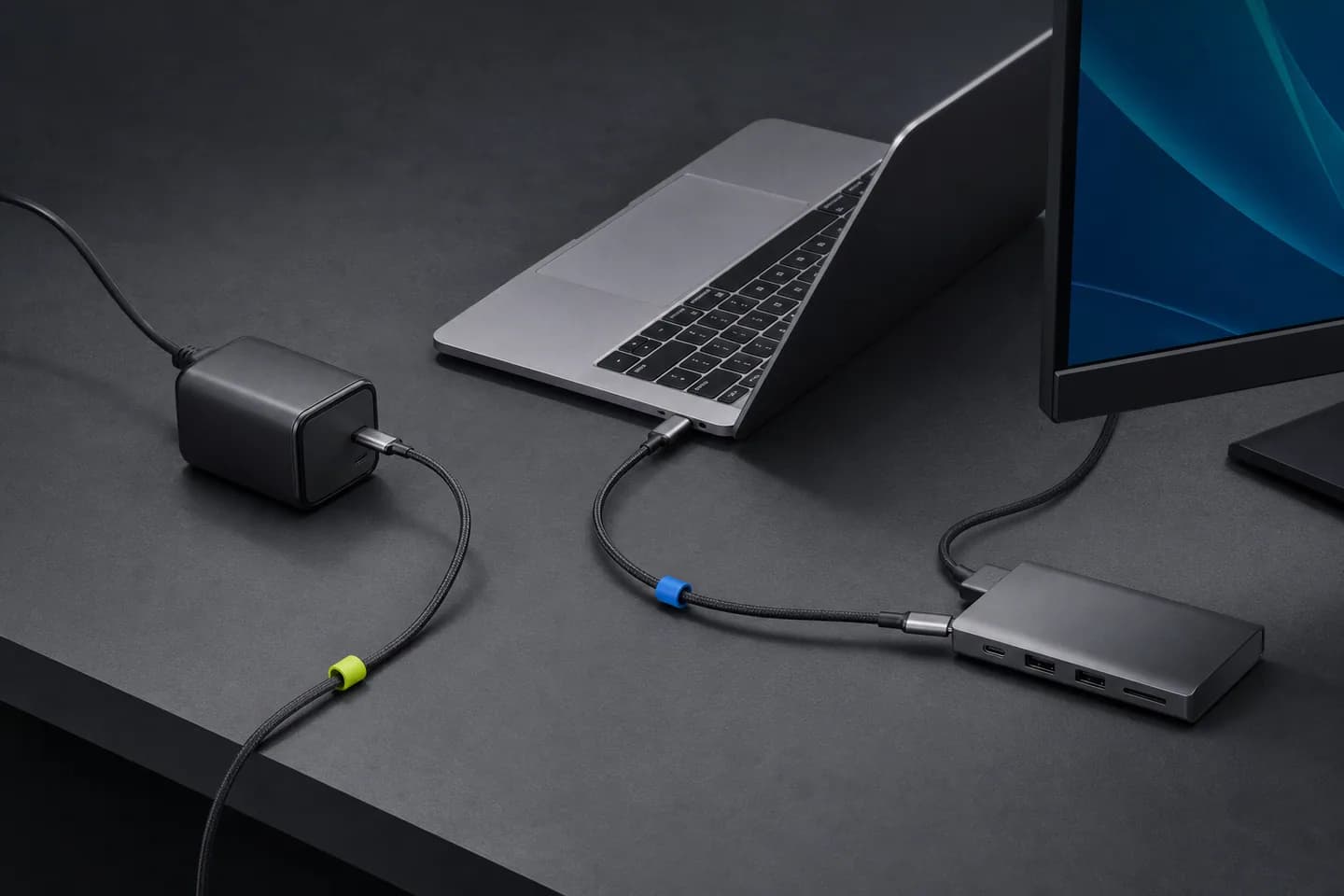 노트북과 USB-C 충전기, 케이블, 허브, 외부 모니터를 연결한 구성